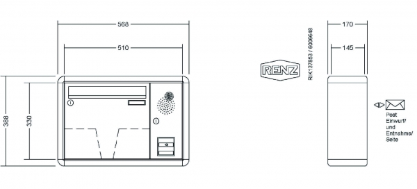 RENZ Briefkastenanlage Aufputz RS2000 Kastenformat 370x330x145mm, mit Klingel - & Lichttaster und Vorbereitung Gegensprechanlage, 1-teilig, Renz Nummer 10-0-35931